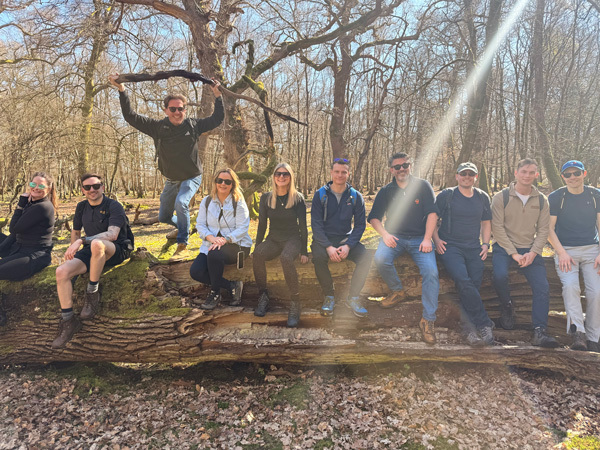 Content Ignite team sitting on a fallen tree in the woods